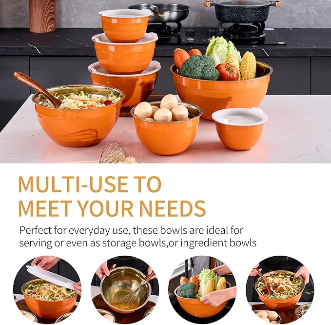 Orange Mixing Bowls With Airtight Lids,Stainless Steel Bowl,Salad Bowls 7 Piece Colorful Nesting Bowl Rainbow Kitchen Accessories,Size 7,3.6,2.7,2.1,1.5,1.1,0.8QT Stackable Design