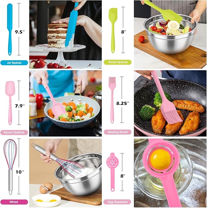 TeamFar Mixing Bowls with Lids Set of 7, Stainless Steel Nesting Mixing Bowls Set with 16 PCS Kitchen Utensils for Prepping Mixing Serving, 7, 4.5, 3, 2.5, 1.5, 1.2, 0.7 QT, Colorful