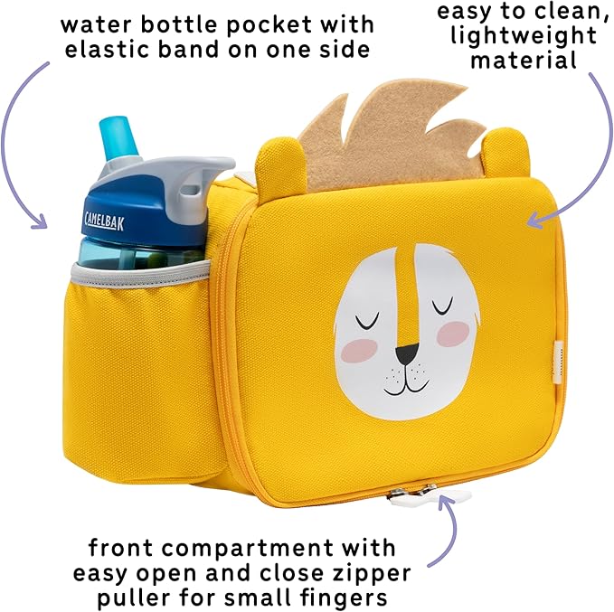 Toddler Lunch Bag for Girls and Boys, Lunch Box for Kids Ages 2–5, Fully Insulated with Padded Handle, Storage Pocket and Water Bottle Pocket, Lightweight, Easy to Clean, BPA-Free - Lion