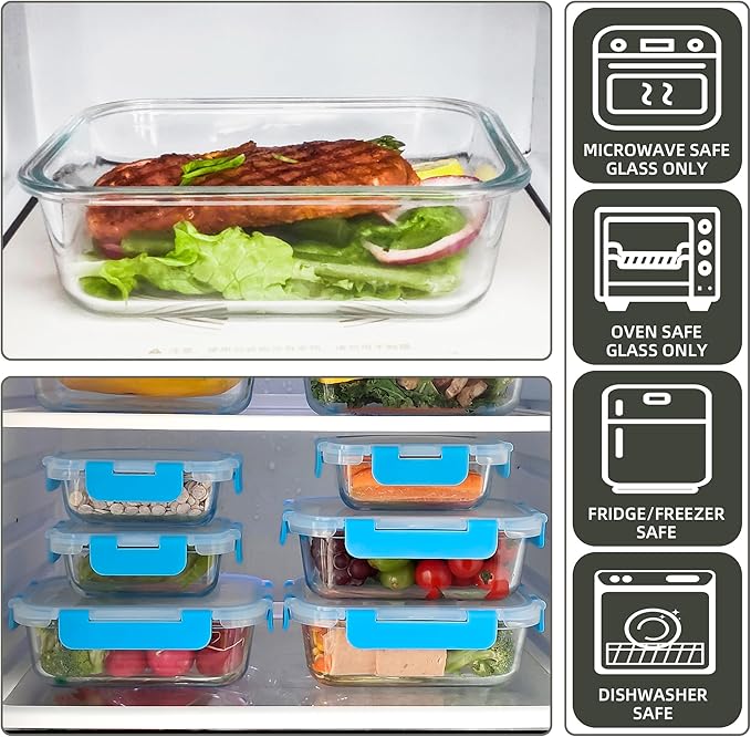 10 Pack Glass Food Storage Containers with Airtight Lids, Ideal for Meal Prep, Lunches - Microwave and Dishwasher Safe, Blue