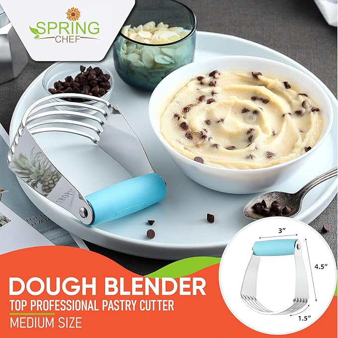 Spring Chef Dessert Bundle - Ice Cream Scoop, Medium Dough Blender, Magnetic Measuring Spoon Set - Aqua Sky