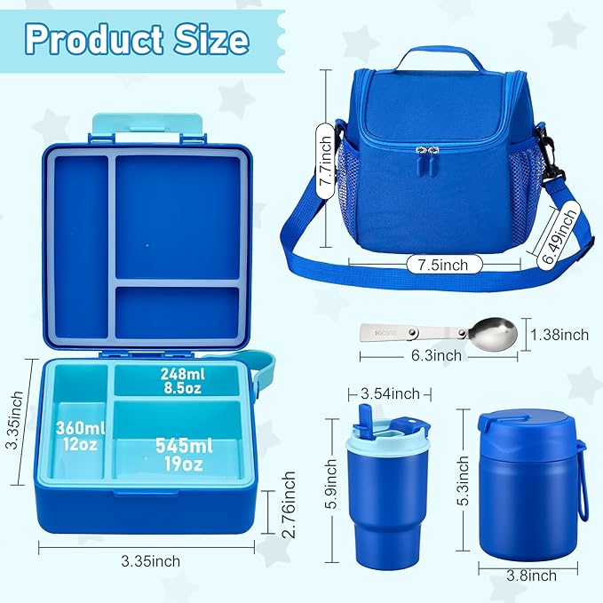 Bento Lunch Box for Kids with 17oz Soup Thermo,Insulated Tumbler Water Bottle and Insulated Lunch Bag,Leak-Proof 3 Compartment Lunch Food Container with with Ice Pack for Kids to School-Blue