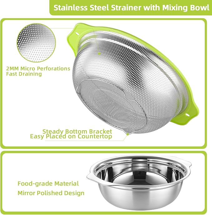 Colander Stainless Steel Microporous, 5QT Large Capacity Rice Washer with Mixing Bowl, 12.5’’Rice Strainer Bowl Set with Handle, Food-Grade Strainers and Colanders for Washing Rice, Pasta