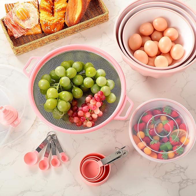 4 Pcs Mixing Bowls with Lids Plastic Nesting Bowls Set with Stainless Steel Colander 8 Pcs Measuring Cups and Spoons Set and Foldable Kitchen Funnel for Kitchen Cooking Accessories (Pink)