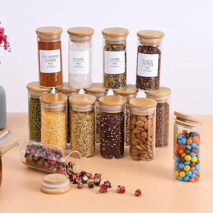 Spice Jars with Label, 20pcs 4 oz Glass Jars with Bamboo Airtight Lids, 200 Printed Spice Labels Waterproof Stickers for Seasoning Containers