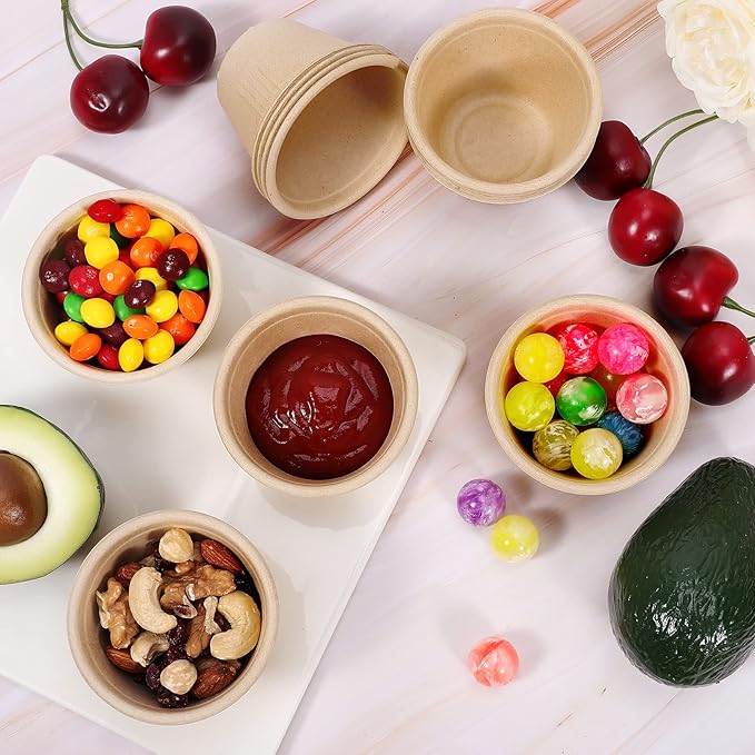 100Pack 4 oz Bagasse Fiber Condiment Cups with Lids,Bagasse Fiber Souffle Cups,Compostable Portion Cups,Biodegradable Sample Cups for Snack Salad Dressing Ketchup