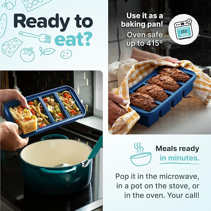 Souper Cubes 2 Cup Silicone Freezer Tray with Lids, Perfect for Storing Lasagna, Leftovers, Sauces, Portioned Meals and More, Silicone Soup Freezer Molds for Meal Prepping - Blueberry - 2-Pack