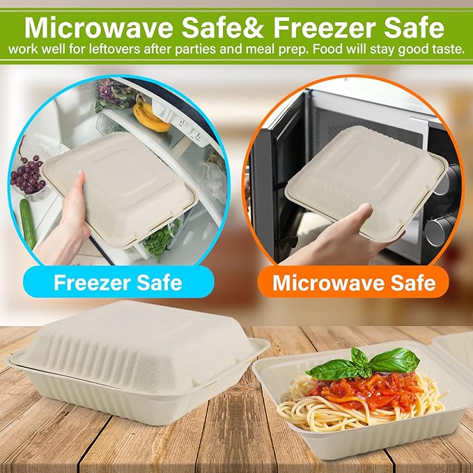 greensight Compostable Take Out Food Container 8X8, 50 Pack Disposable To Go Food Boxes, Biodegradable Clamshell Food Container, Eco-Friendly Made From Sugarcane Fibers