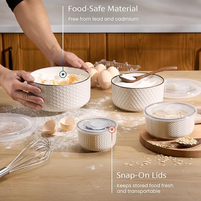 KooK Ceramic Nesting Bowls, with Lids, Serving, Set of 4, Embossed, Kitchen, Prep, Mix, Gift, Microwave and Dishwasher Safe, 10/16/29/47 oz, Narbonne Collection (Ivory)