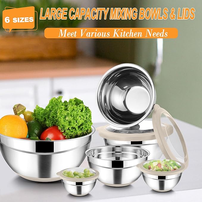 TeamFar Mixing Bowls Set of 6, Stainless Steel Salad Mixing Bowls with Visible Lids, Metal Nesting for Mixing Serving Prepping, Non-Slip & Airtight, 4.6/3.5/2/1.5/1/0.7 QT, Khaki
