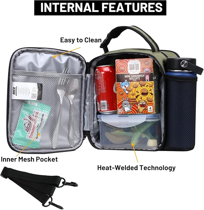 MIER Expandable Lunch Bag Insulated Lunch Box for Men to Work Travel Portable Lunchbox Bags with Shoulder Strap and Water Bottle Holder(Green)