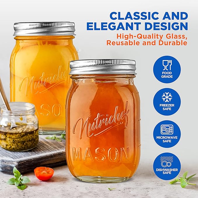 NutriChef 8-Pack 16 oz Mason Jars with Lids - Thick Glass Canning Jars with Stainless Steel Lids - Ideal for DIY Spices, Meal Prep, Overnight Oats, Jelly, Jam, Honey, Candles, Crafts, & More