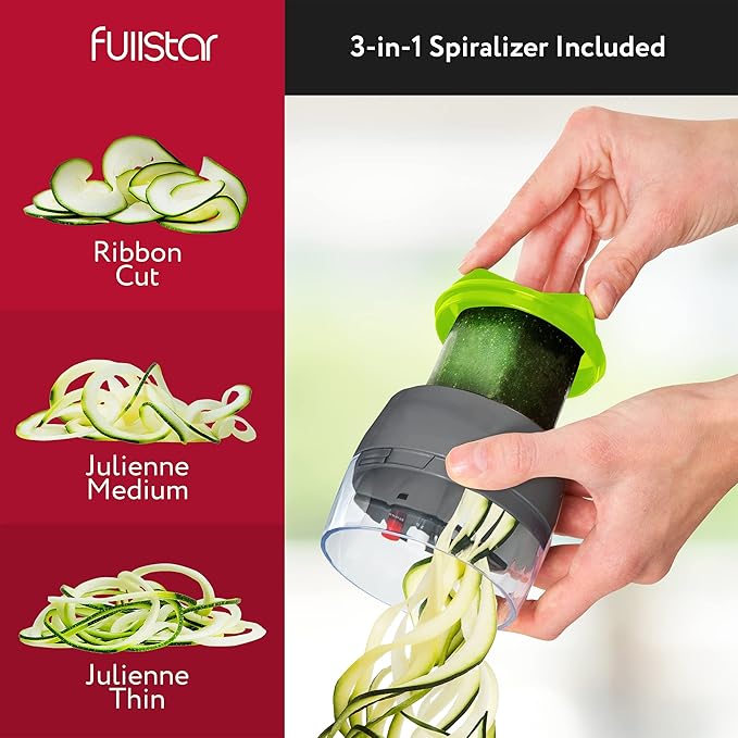 Fullstar All-in-1 Vegetable Chopper and Mandoline Slicer for Kitchen - Cheese Grater, French Fry Cutter, Cheese Slicer - Bonus Handheld Spiralizer Included (6 in 1, Gray/Green)
