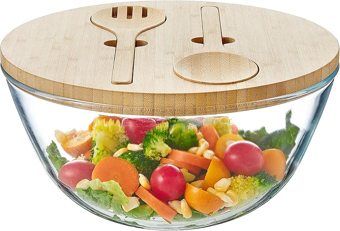 Glass Salad Bowl, 10.6" Salad Bowl with Bamboo Lid, Glass Mixing Bowls, Serving Bowls, Large Salad Bowls Set with Utensils, Trifle Bowl Fruit Bowl for Salad, Pasta, Fruit, Desserts