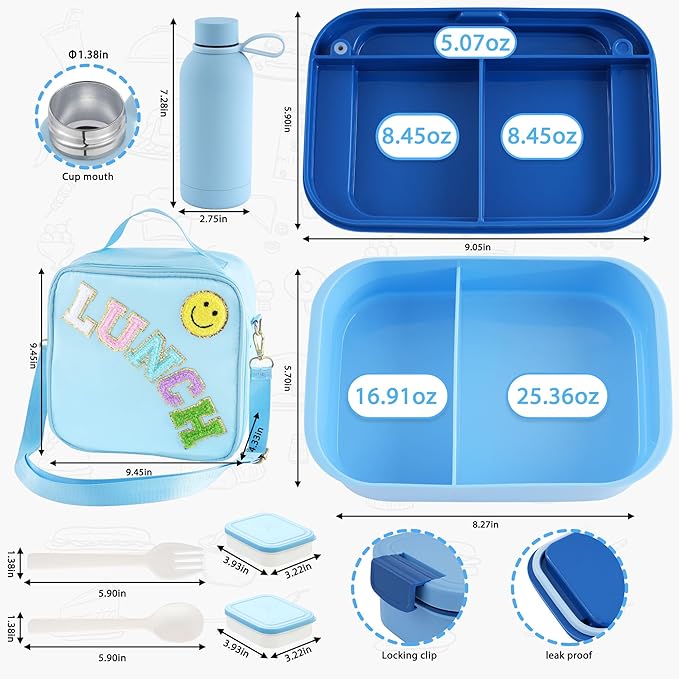 Bento Lunch Box Set for Kids - Blue Nylon insulated Lunch Bag with 12oz Thermos, Leak-Proof Containers, Adjustable Strap, Birthday Gifts for Girls School Travel Picnic (Ages 3-15)
