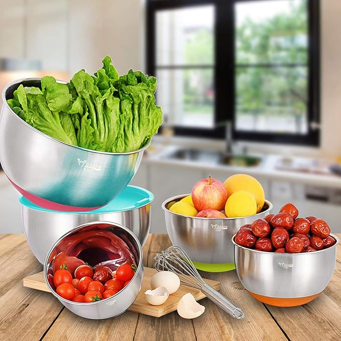 Wildone Mixing Bowls with Lids Set, 5PCS Stainless Steel Colorful Nesting Bowls with 3 Grater Attachments, Measurement Marks & Non-Slip Bottoms, Size 5, 3, 2, 1.5, 0.63 QT, Great for Mixing & Serving