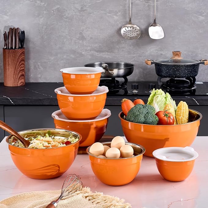Orange Mixing Bowls With Airtight Lids,Stainless Steel Bowl,Salad Bowls 7 Piece Colorful Nesting Bowl Rainbow Kitchen Accessories,Size 7,3.6,2.7,2.1,1.5,1.1,0.8QT Stackable Design