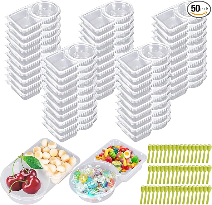 50 pcs Double Compartment Condiment Container, Reusable Snack Containers with Lids, Sauce Dipping Box with 50pcs Spoons, Snackle Box Container Used for Refrigeration, Portion Control, Dipping Sauce