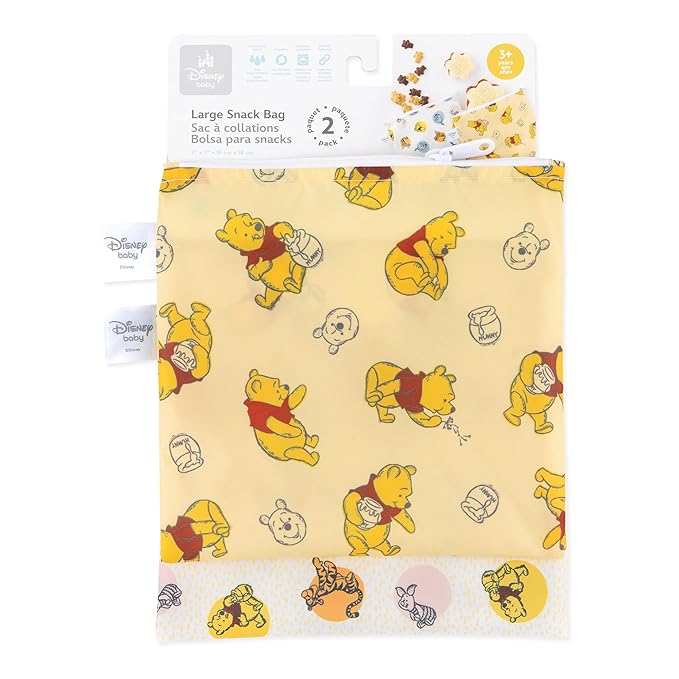 Bumkins Disney Reusable Sandwich and Snack Bags, for Kids School Lunch and for Adults Portion, Washable Fabric, Waterproof Cloth Zip Bag, Travel Pouch, Food-Safe Storage, Large 2-pk Winnie the Pooh