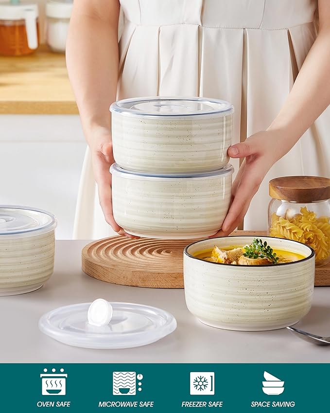 vancasso Bonbon Ceramic Bowls with Lids Set of 4, 36 oz Microwave Safe Soup Bowls, Airtight Food Storage Containers for Meal Prep, Salad, Cereal, Leftovers, Lunch, and Serving, Beige