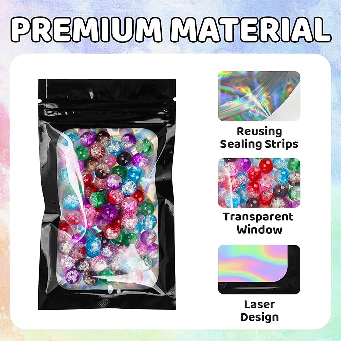 100 Pcs Holographic Bags Black Mylar Bags with Clear Window Packaging Bags for Food Storage Sealable Bags for Small Business(3×5Inch)
