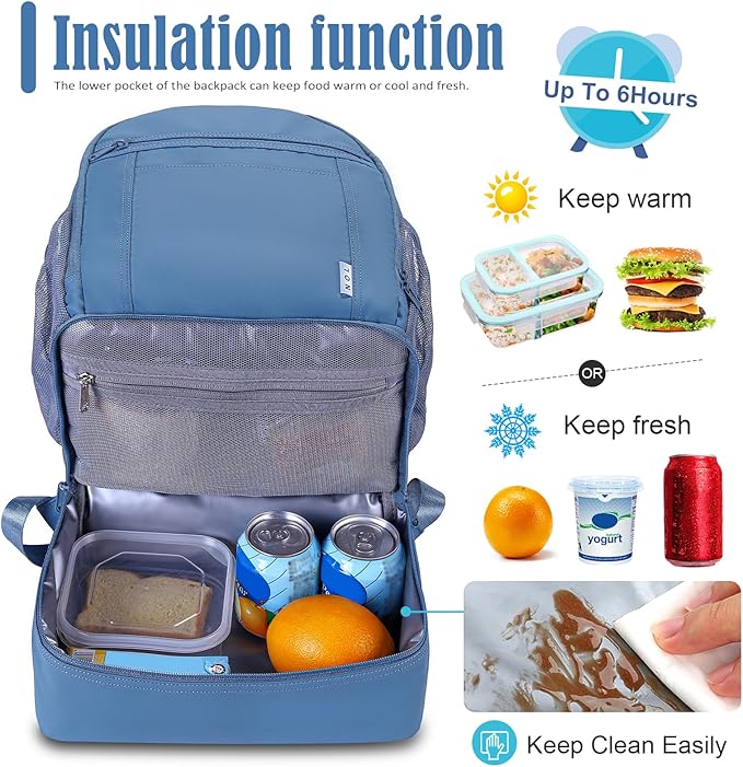 NOL Natural Organic Lifestyle Kids 2-in-1 Backpack & Insulated Lunch Bag-16"Multi-Functional Large Compartments Backpack for School & Travel, Double Deck, Water Resistant, Leak-proof,Padded-Dusty blue