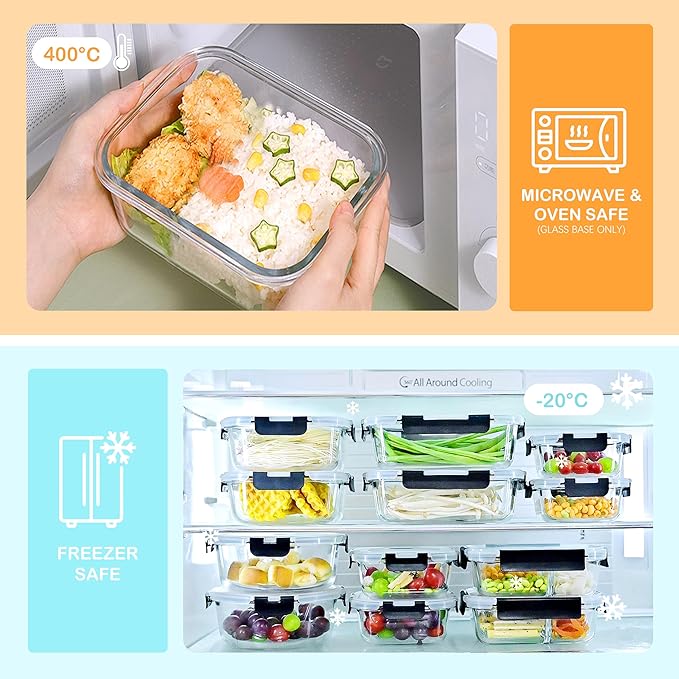 24 Piece (12 Food Storage Containers and 12 Lids),17.6+40.6 OZ Black Glass Storage Containers With Lids,Square Glass Meal Prep Containers,Microwaveable,Meal Preparation,Storage Containers