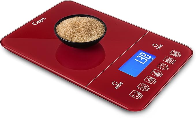 Ozeri Touch III 22 lb (10 kg) Digital Kitchen Scale with Calorie Counter in Tempered Glass, Red Engine