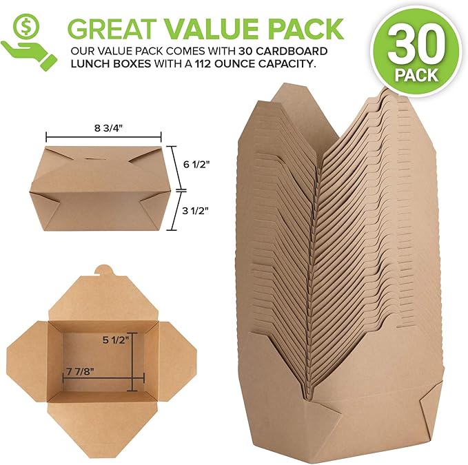 Microwavable Kraft Brown Take Out Boxes 112 oz (30 Pack) Disposable Food Containers - Recyclable Cardboard Lunch Box - Take Out Containers Disposable - to Go Boxes for Restaurants, Delivery, Catering