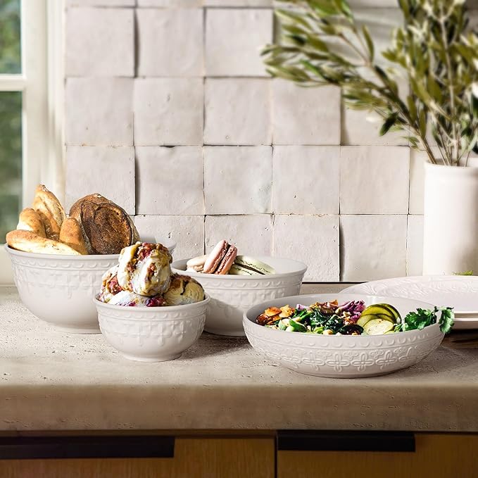 Large Salad Bowls Set of 4, 60oz White Serving Bowls Deep Deep Embossed Ceramic Mixing Bowl for Soup Kitchen, Eating, Ramen, Pasta, Dishwasher & Microwave Safe 8 inch (Cross Floral)