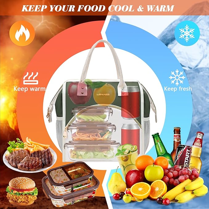 LOKASS Lunch Bag Women Insulated Lunch Box, Wide-Open Lunch Tote Bag Leak-proof Cooler Bag for Work Picnic-(Army Green)