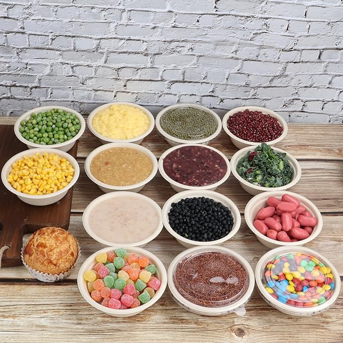 12 oz Round Disposable salad bowls with lids, Sugarcane Fiber Paper Bowls take away food containers Plant Fibers Freezer Safe 50 Pack