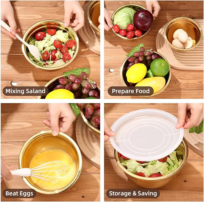Baderke 7 Pcs Gold Kitchen Accessories Includes 4 Quart Stainless Steel Gold Colander and 3 Pcs Fine Mesh Strainer, Size 1, 1.5, 2 Qt Mixing Bowls with Airtight Lids for Kitchen Baking Serving Food