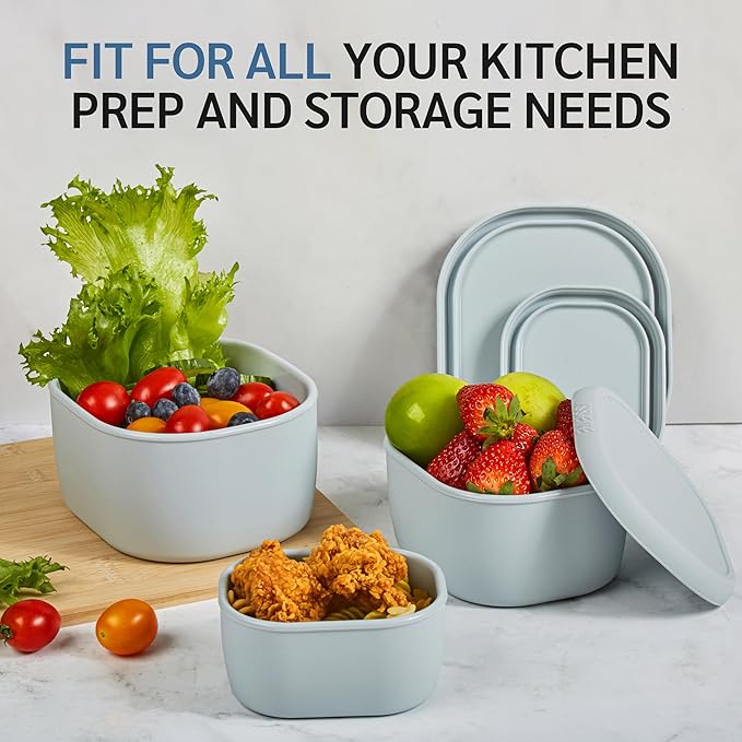 ISSEVE 6Pcs/Set Nesting Silicone Food Storage Containers with Lids, BPA Free Reusable Meal Prep Silicone Containers Lunch Box Bento Box Set (33.8oz, 20oz, 10oz, 6.7oz, 1.3oz) (Grey)