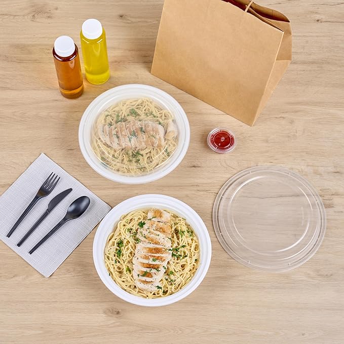 Restaurantware Asporto 48 Ounce To Go Boxes 100 Microwavable Take Out Food Containers - Clear Plastic Lids Included Do Not Contain BPA White Plastic Catering Food Containers Disposable Round