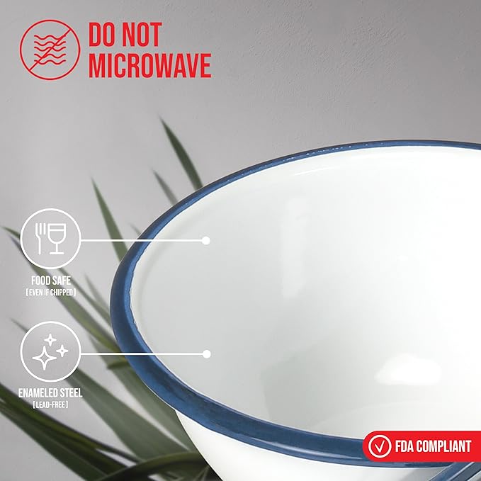 Red Co. Set of 4 Enamelware Metal Classic 20 oz Round Cereal Bowl, Solid White/Navy Blue Rim