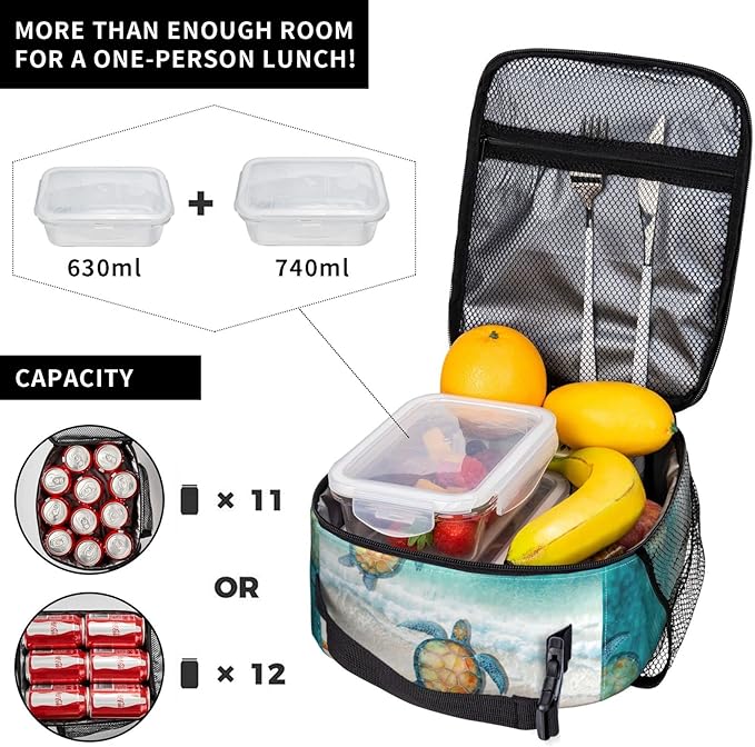YETTA YANG Sea Turtle Beach Starfish Ocean Portable Lunch Bag Insulated Lunch Box Reusable Totes For Women Men Work Picnic Camping
