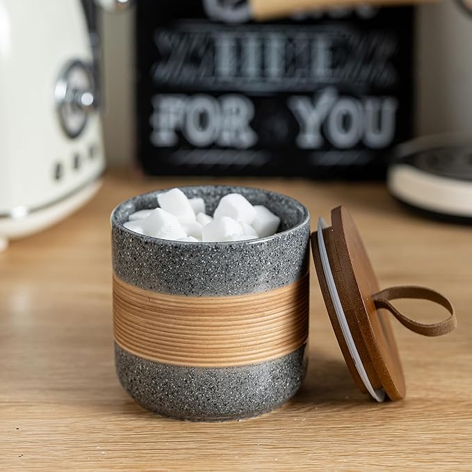 Small Ceramic Jar with Lid, Coffee Container Kitchen Food Storage Jars for Spice Sugar Tea Bag, Stackable Decorative Jars for Countertop, Grey & 5oz