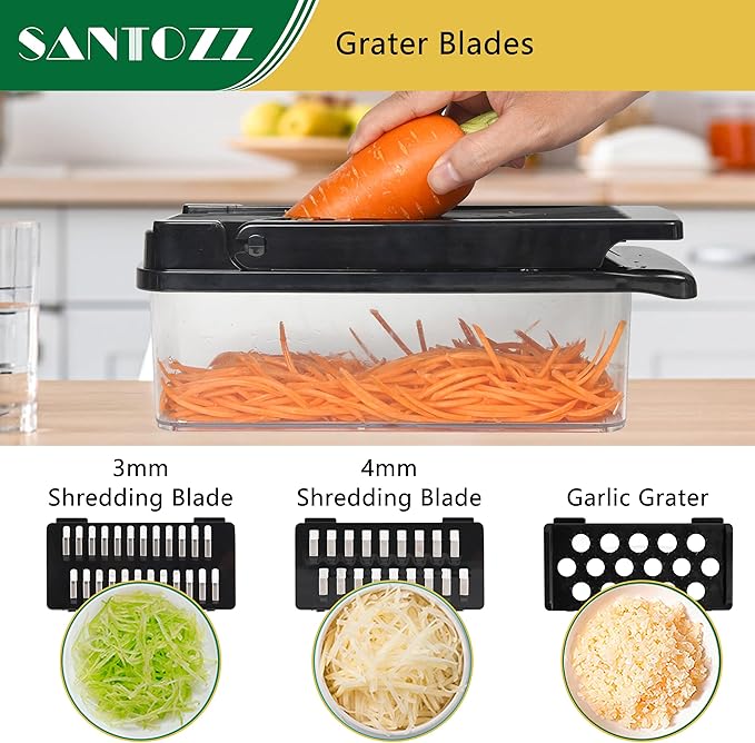 SANTOZZ Multifunctional Vegetable Chopper with Container, Vegetable Cutter with Interchangeable Blades, Onion Slicer, Garlic Grinder, Dicer for Potato, Carrot Chopper
