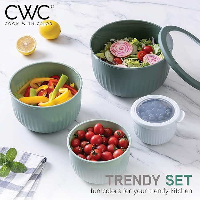 COOK WITH COLOR Prep Bowls with Lids- Wide and Deep Nesting Plastic Small Mixing Bowl Set with Lids, 8 Piece Set - Deep Bowls, Sage
