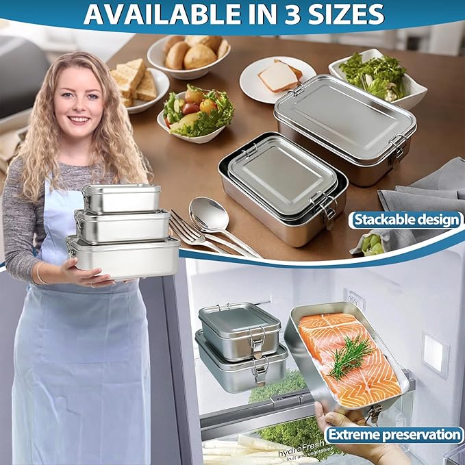 Stainless Steel Bento Box 3 Pack 304 Stainless Steel Lunch Box,Leak Proof Stainless Steel Food Containers With Lids(81oz/47oz/29oz) Stainless Steel Lunch Containers With 3 Compartments