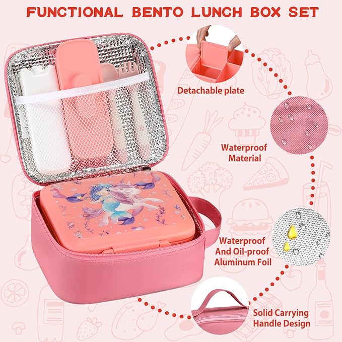 Bento Lunch Box for Kids With 8oz Soup Thermo,Leak-proof Lunch Containers with 5 Compartment,Thermo Food Jar and Lunch Bag, Food Containers for School (A-Pink(Unicorn - Mermaid))
