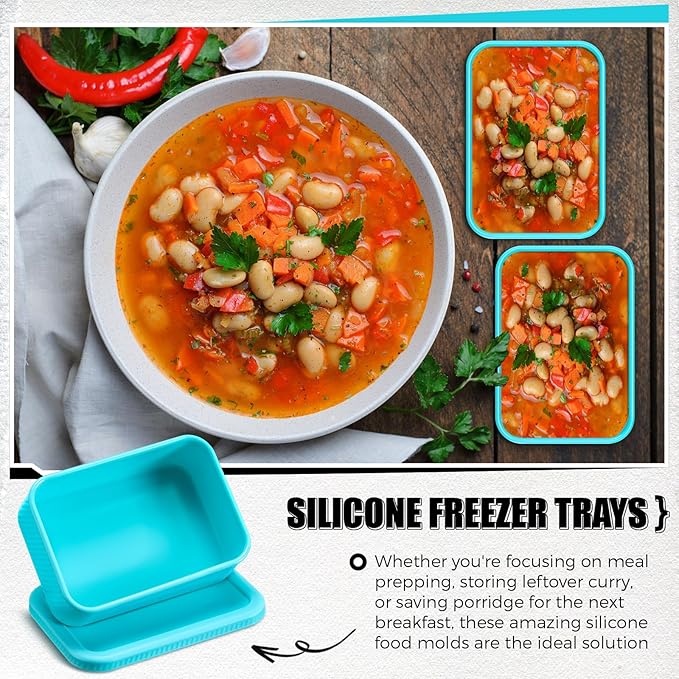 Nuogo 4 Pcs 3.5 Cup Silicone Freezer Trays with Lid Soup Freezer Containers Reusable Silicone Molds Rectangle Containers Freezing Ice Trays for Soups Sauces Stews Curries, Lake Blue