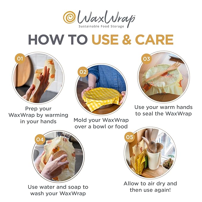 WaxWrap Beeswax Wraps For Food, Organic Cotton Food Bags - Sustainable Plastic Bag Alternative, Reusable Snack Bags, Bees Wax Wraps Reusable Food Storage - Assorted 3 Pack (S, M, L)