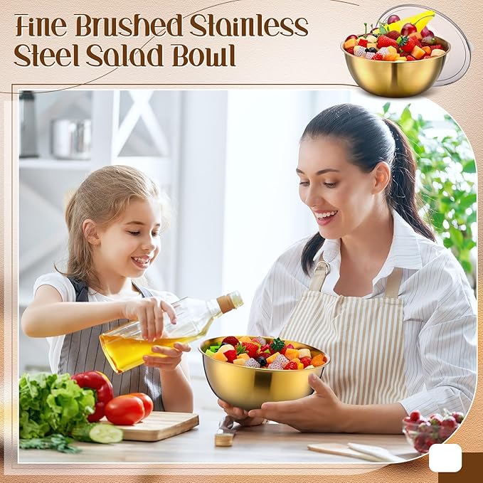 Nuogo 12 Pack 8.27 inches Gold Mixing Bowls with Airtight Lids Gold Serving Bowl Metal Salad Fruit Bowls Stainless Steel Soup Bowls Kitchen Accessories for Lunch Snack