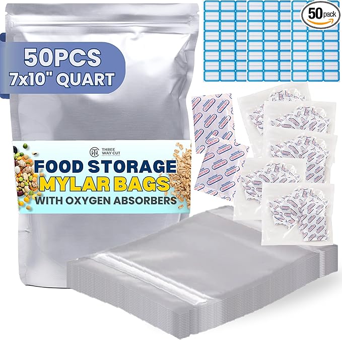 50PCS Quart Mylar Bags For Food Storage - 10Mil Thick 7x10 inch Mylar Bags with Oxygen Absorbers 400cc & Labels, Ziplock Bag for Long Term Storage, Heat & Vacuum Seal Large Kitchen Bag