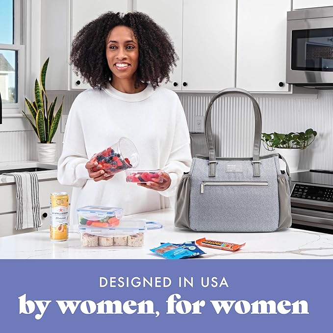 Fit & Fresh Women's Insulated Lunch Bag for Work, Large Lunch Box With 3 Snap-Lid Containers, Zipper, Stain-Resistant, Copley Kit, Gray