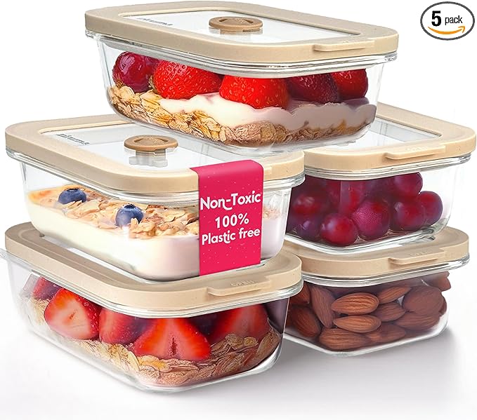 Ziruma Non-Toxic 1.5 cup Glass Food Storage Containers with Lids - Overnight Oats Container, Plastic Free Meal Prep, Reusable Airtight Food Storage, Microwave and Freezer Safe, 5 Pack