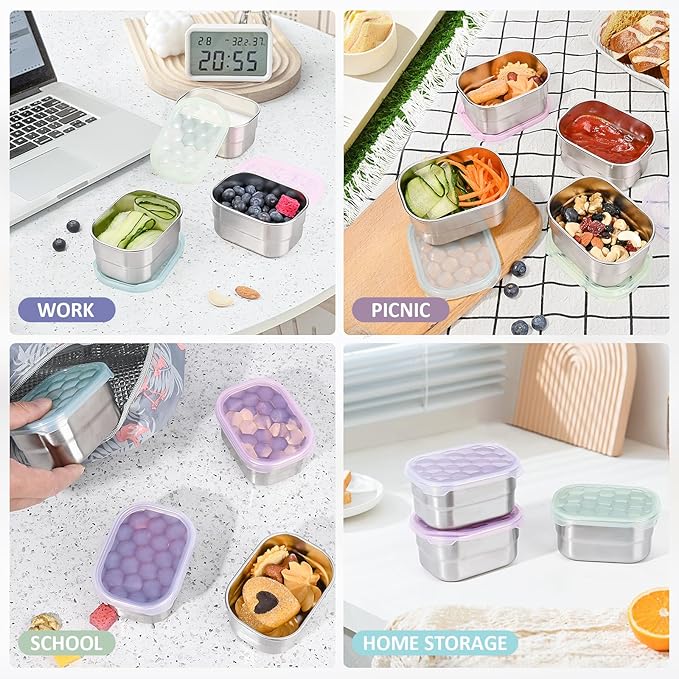 Small (1 CUP) Stainless Steel Snack Containers for Kids and Toddlers | Easy Open Leak Proof Food Containers with Silicone Lids - Perfect Metal Lunch Box for Daycare and School (8oz, Set of 4)