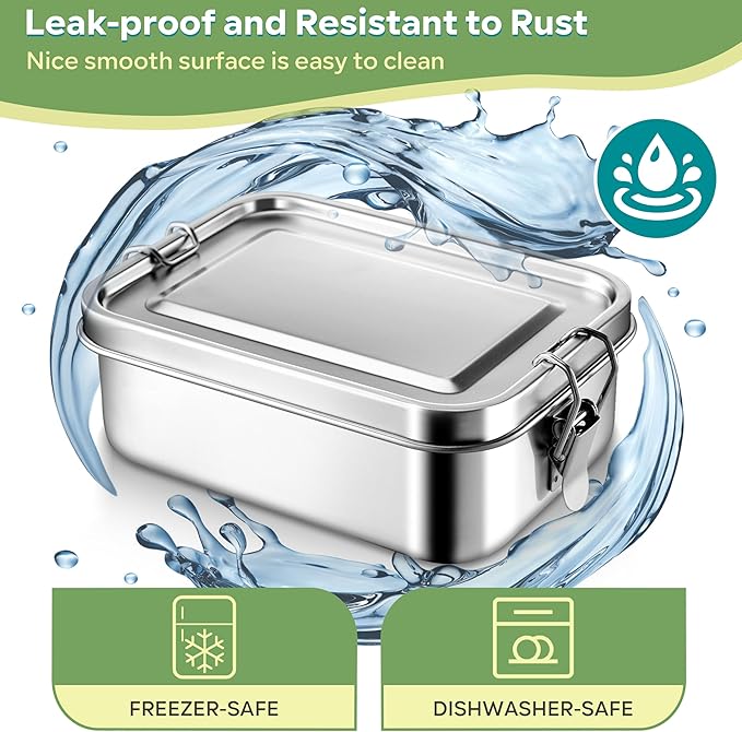 HaWare Stainless Steel Bento Box, 47oz (1400ML) Lunch Box Container with Lids and 2 Removable Dividers, Metal Lunch Containers with Locking Clips, Leak-Proof Food Storage Containers for Work School